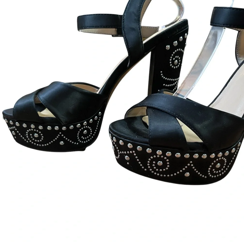 Chic Black Satin Platform Heel Sandals with Silver Studded Accents Ankle strap